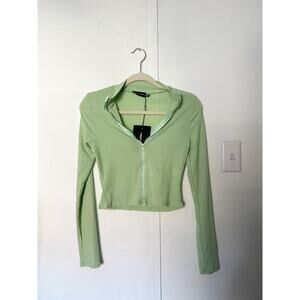 Green Long Sleeve Zip-Up Crop Top